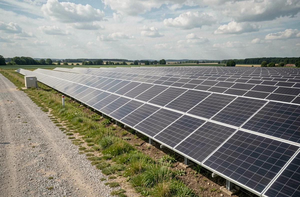 Ferme solaire photovoltaïque au sol dans la campagne française avec rangées de panneaux alignés