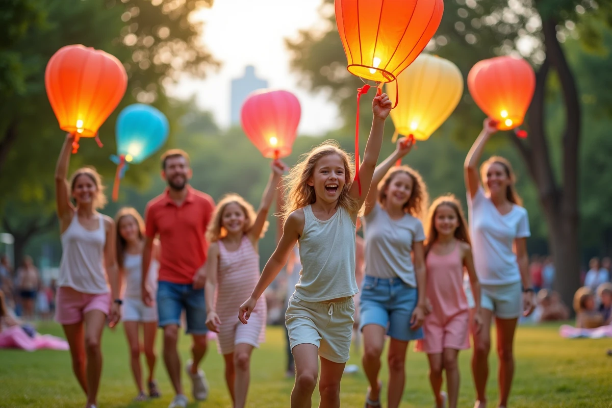 Groupe divers d adultes et enfants avec lanternes colorées dans un parc