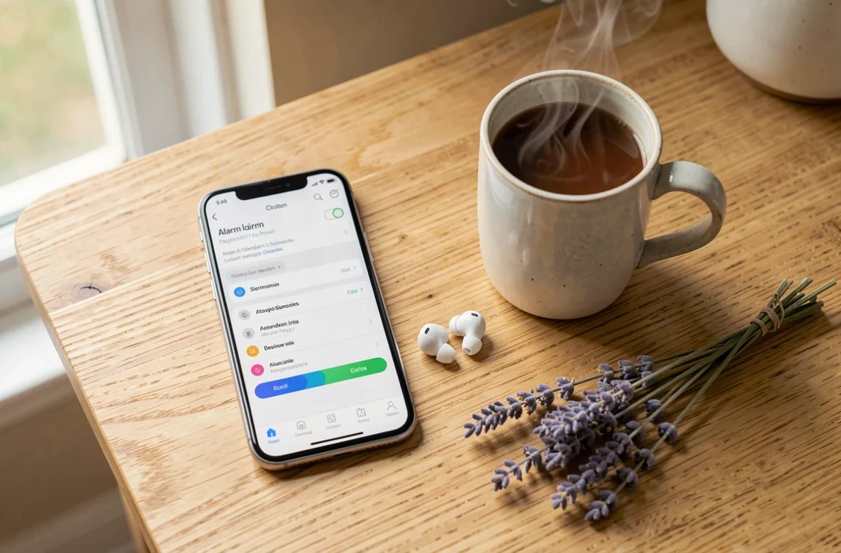 Flatlay matinal avec smartphone affichant une sonnerie personnalisée, écouteurs sans fil et tasse de café sur table en bois