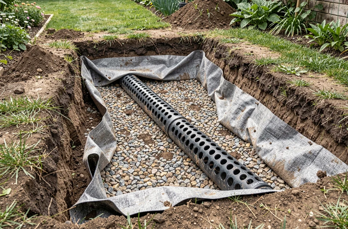 Fosse de jardin avec drain et gravier enveloppés de géotextile