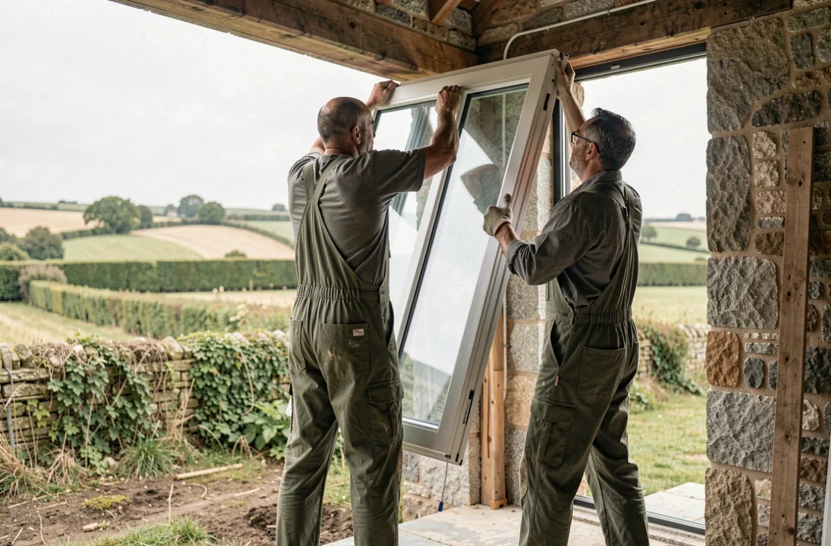 Deux artisans de Gauvain-Le Roy posant une grande fenêtre triple vitrage dans une ferme rénovée en Bretagne