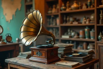 Gramophone ancien en laiton avec pavillon patiné posé sur une table en chêne dans une boutique d'antiquités, entouré de disques vinyle et d'une loupe de collectionneur