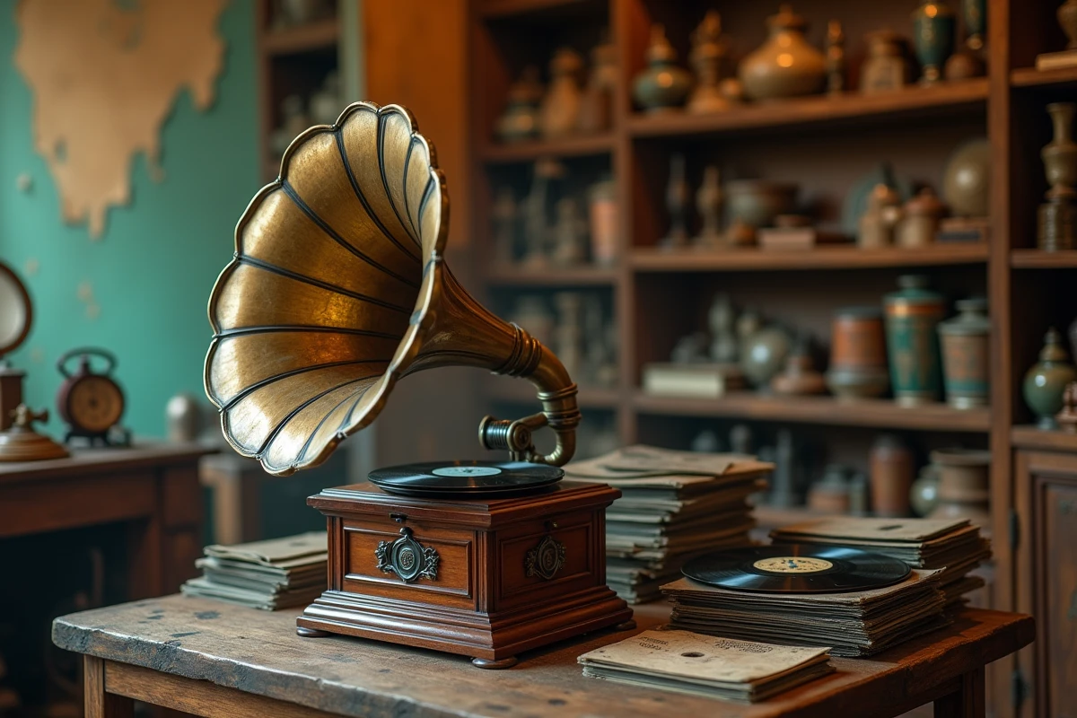 Gramophone ancien en laiton avec pavillon patiné posé sur une table en chêne dans une boutique d'antiquités, entouré de disques vinyle et d'une loupe de collectionneur