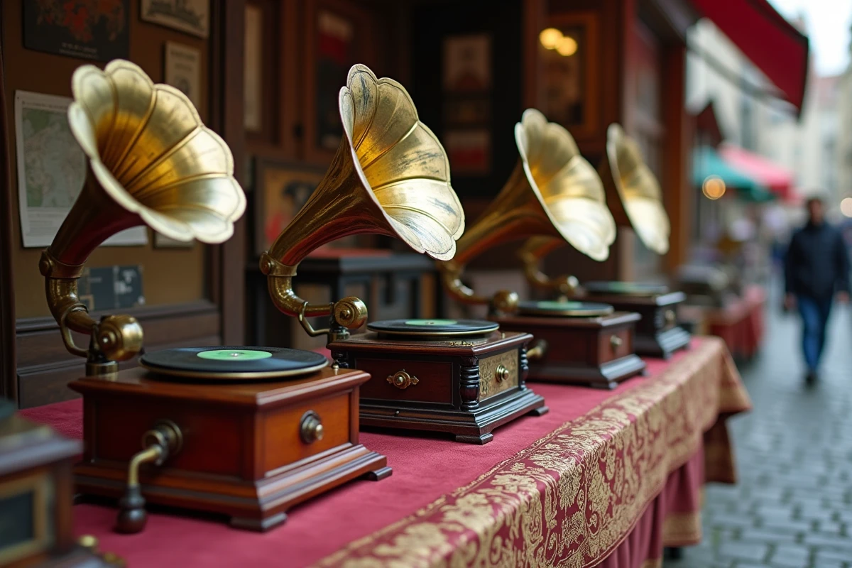 Trois gramophones anciens en différents états de conservation alignés sur une étagère de velours dans un marché aux puces européen, montrant détails de restauration et mécanisme interne