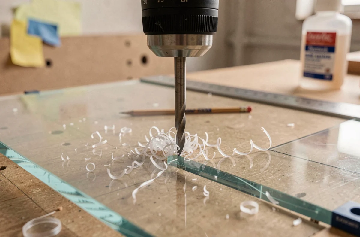 Gros plan sur un foret perçant précisément une feuille de plexiglas transparente avec des copeaux d'acrylique visibles