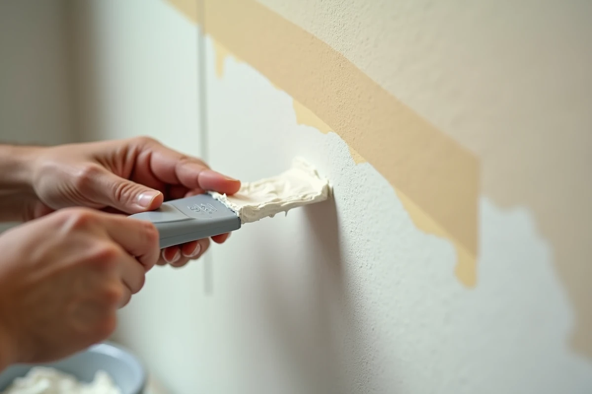 Gros plan de mains appliquant un enduit de finition avec une spatule souple pour lisser un mur intérieur sans poncer