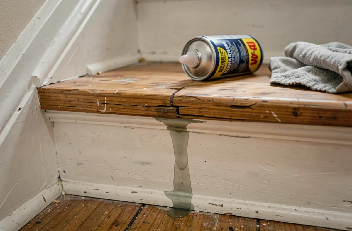 Gros plan sur une marche d'escalier en bois usé avec du WD-40 appliqué sur le joint qui grince