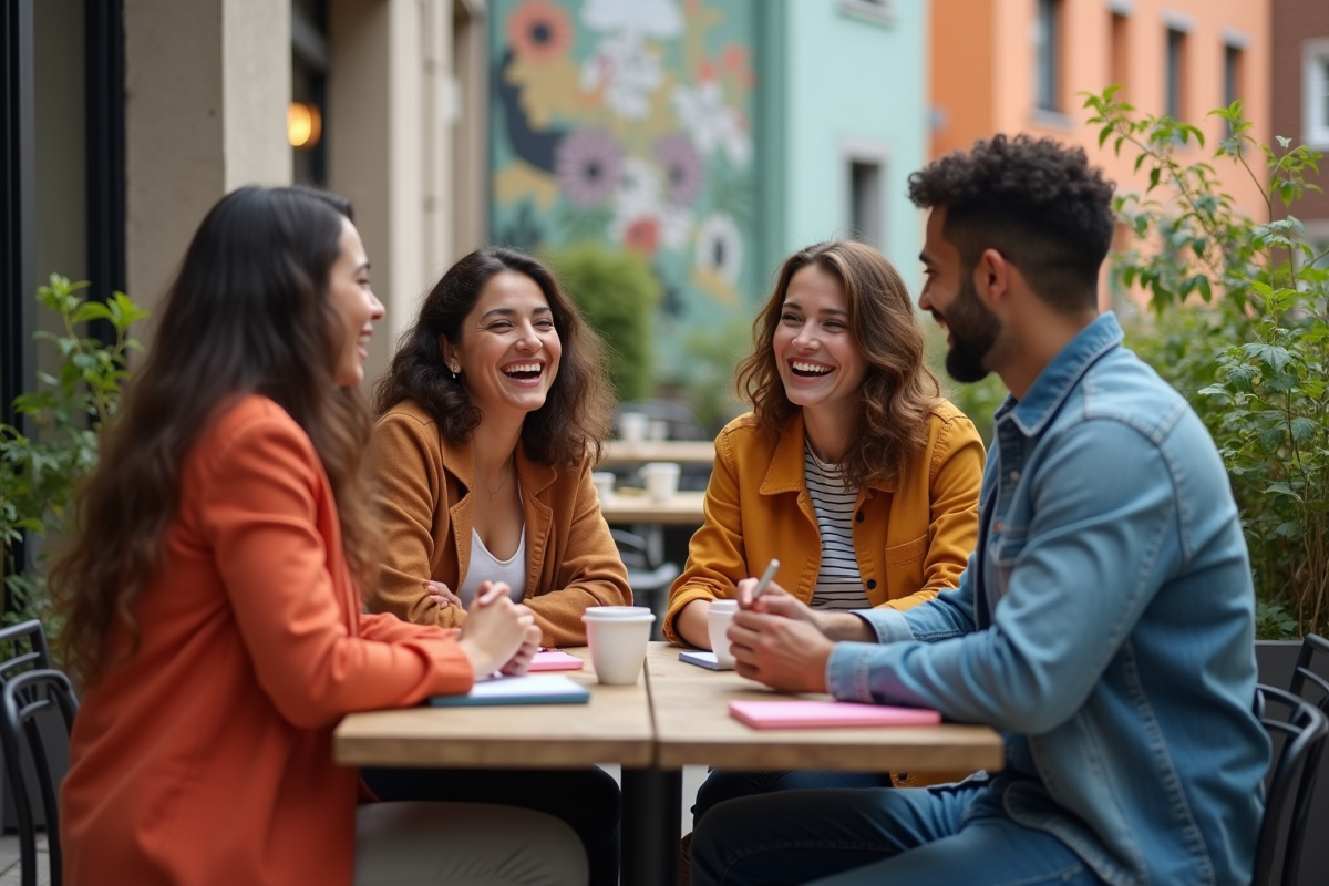 Groupe d amis riant dans un café en plein air avec des carnets colorés