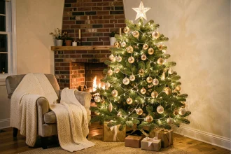 Sapin de Noël décoré de guirlandes lumineuses LED blanc chaud et boules dorées dans un salon cosy avec cheminée