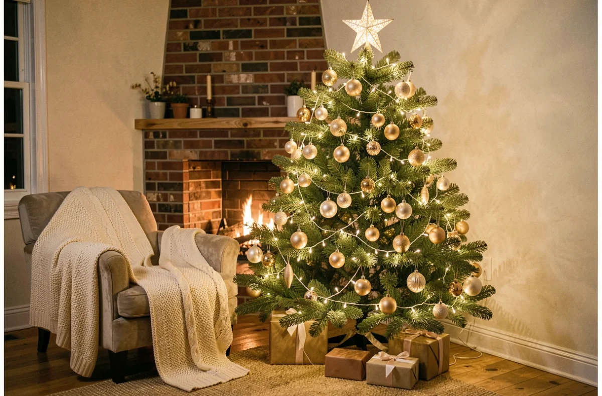 Sapin de Noël décoré de guirlandes lumineuses LED blanc chaud et boules dorées dans un salon cosy avec cheminée