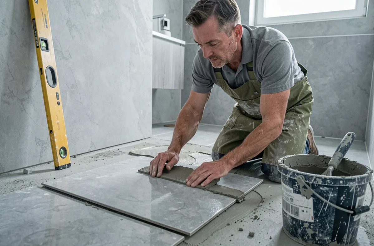 Carreleur Hardeco appliquant du mortier sur un grand carrelage dans une salle de bain de l'Oise