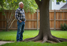 Homme regardant les racines d'un noyer dans son jardin