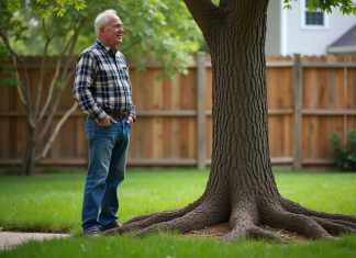 Homme regardant les racines d'un noyer dans son jardin
