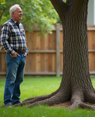 Homme regardant les racines d'un noyer dans son jardin