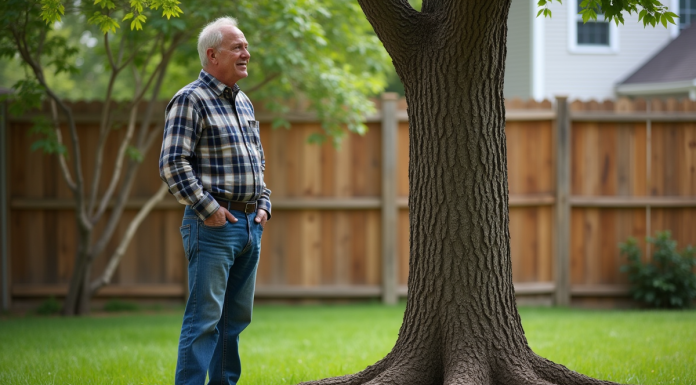 Homme regardant les racines d'un noyer dans son jardin