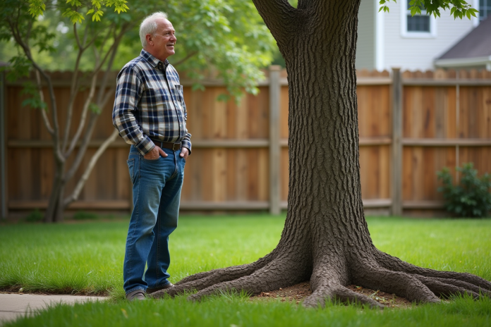 Homme regardant les racines d'un noyer dans son jardin
