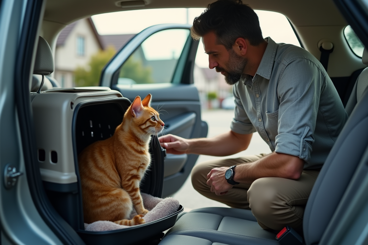 Homme rassurant son chat dans une voiture en suburb