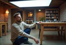 Homme d'âge moyen examine un panneau LED dans un sous-sol moderne
