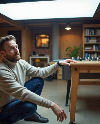 Homme d'âge moyen examine un panneau LED dans un sous-sol moderne