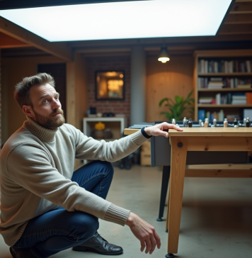 Éclairage sous-sol : quel type choisir pour une luminosité optimale ? Homme d'âge moyen examine un panneau LED dans un sous-sol moderne