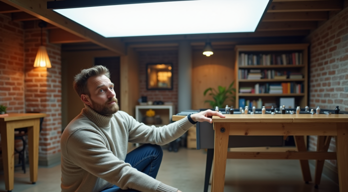 Homme d'âge moyen examine un panneau LED dans un sous-sol moderne