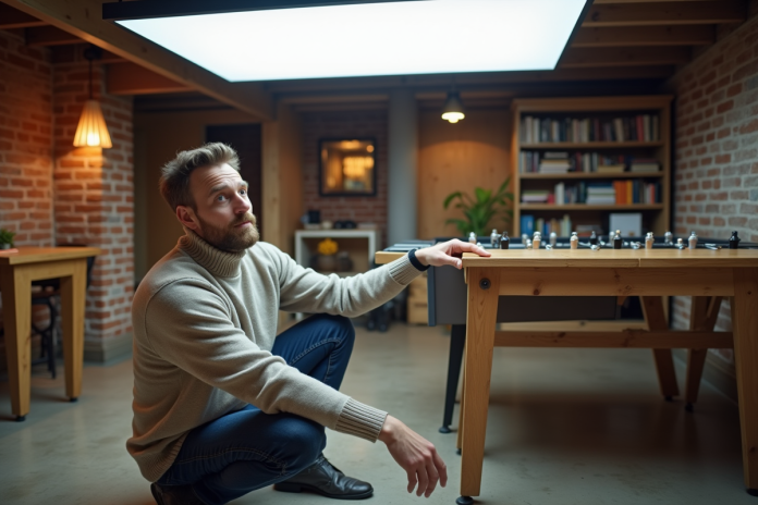 Homme d'âge moyen examine un panneau LED dans un sous-sol moderne