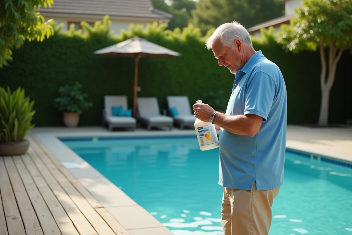Homme d'âge moyen près de la piscine avec une bouteille de javel