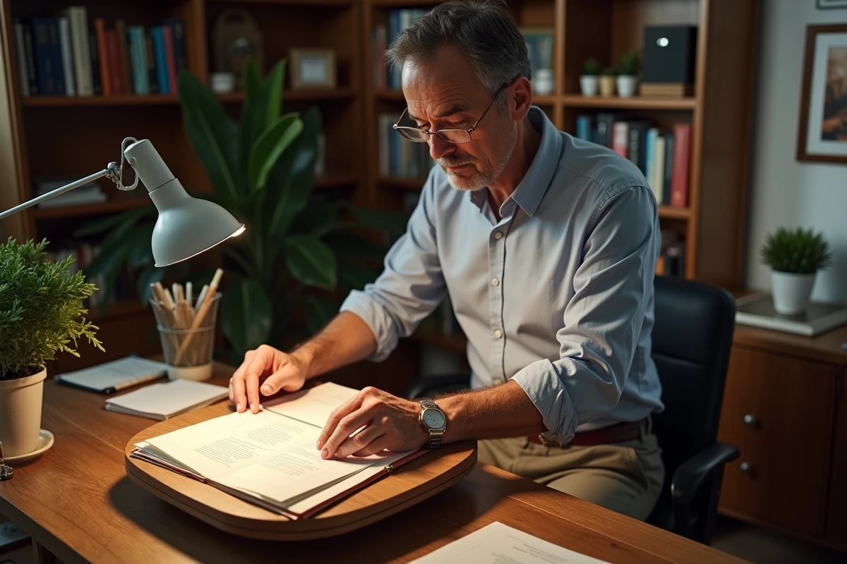 Homme mature triant des documents dans un bureau cosy