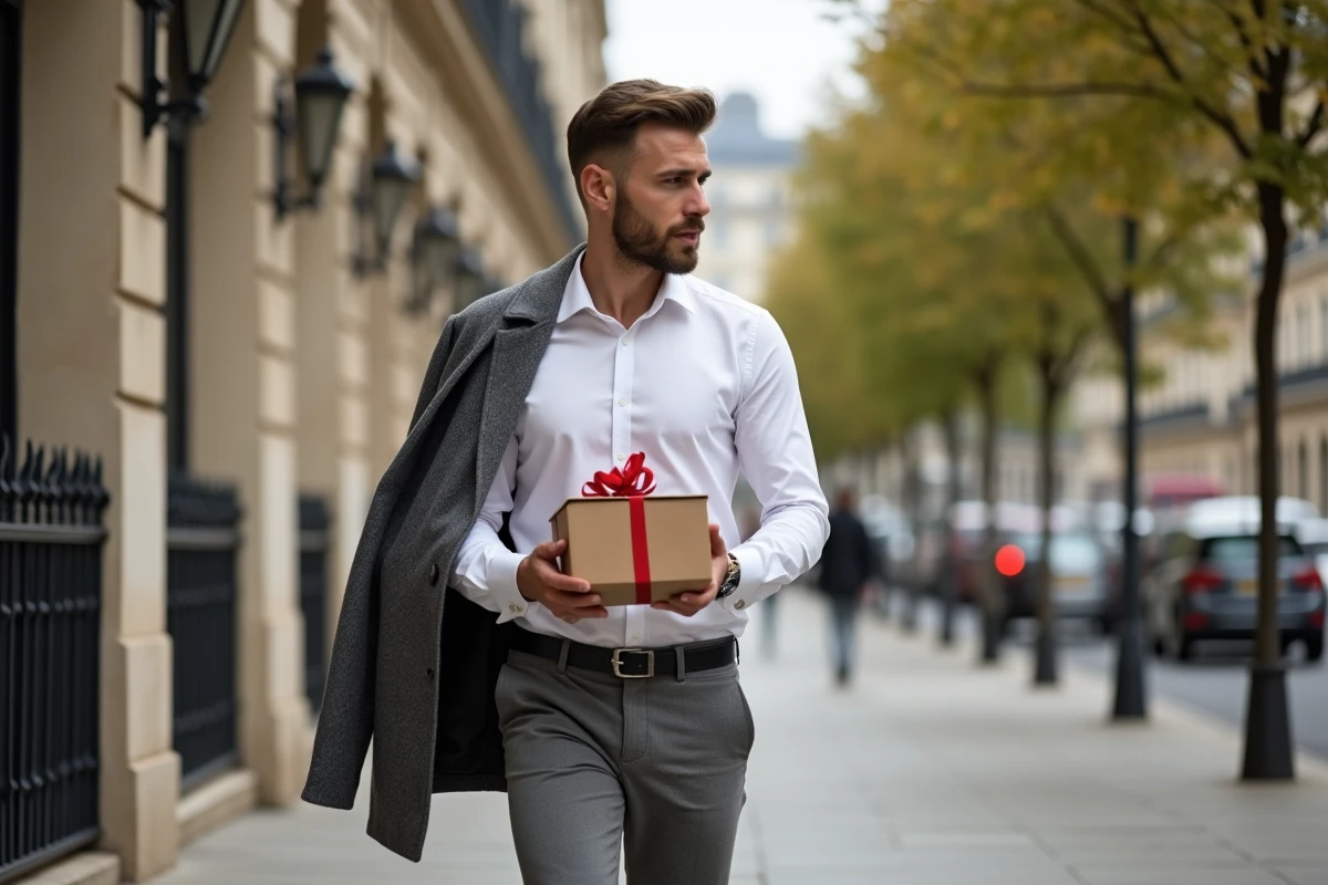 Homme marchant avec un cadeau dans une rue parisienne