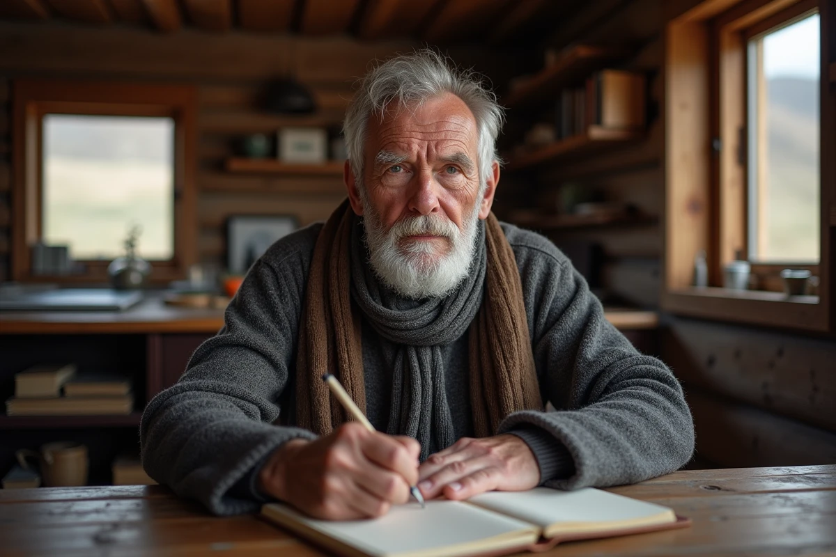 Homme &acirc;g&eacute; &eacute;crivant dans une cabane patagonienne