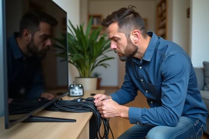Homme d'âge moyen vérifiant les câbles derrière une TV moderne