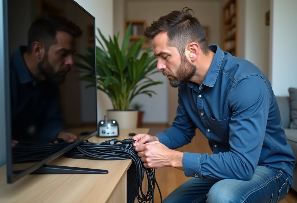 Homme d'âge moyen vérifiant les câbles derrière une TV moderne