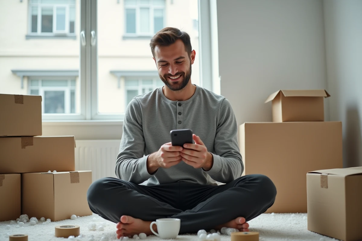 Homme consultant une checklist de déménagement sur smartphone entouré de cartons dans un nouvel appartement