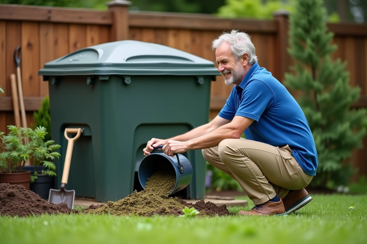 Homme en polo bleu compostant dans le jardin extérieur