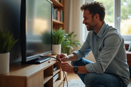Homme connectant un câble coaxial à une télévision moderne