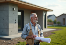Homme en vêtements de chantier avec plan devant maison en construction