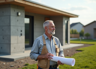 Surface maximale sans architecte : quelles règles respecter ? Homme en vêtements de chantier avec plan devant maison en construction