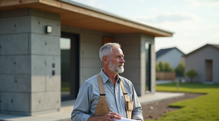 Homme en vêtements de chantier avec plan devant maison en construction