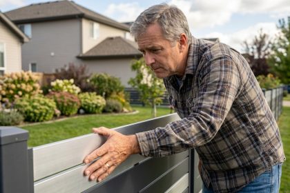 Homme en jeans examine une cloture aluminium dans un jardin