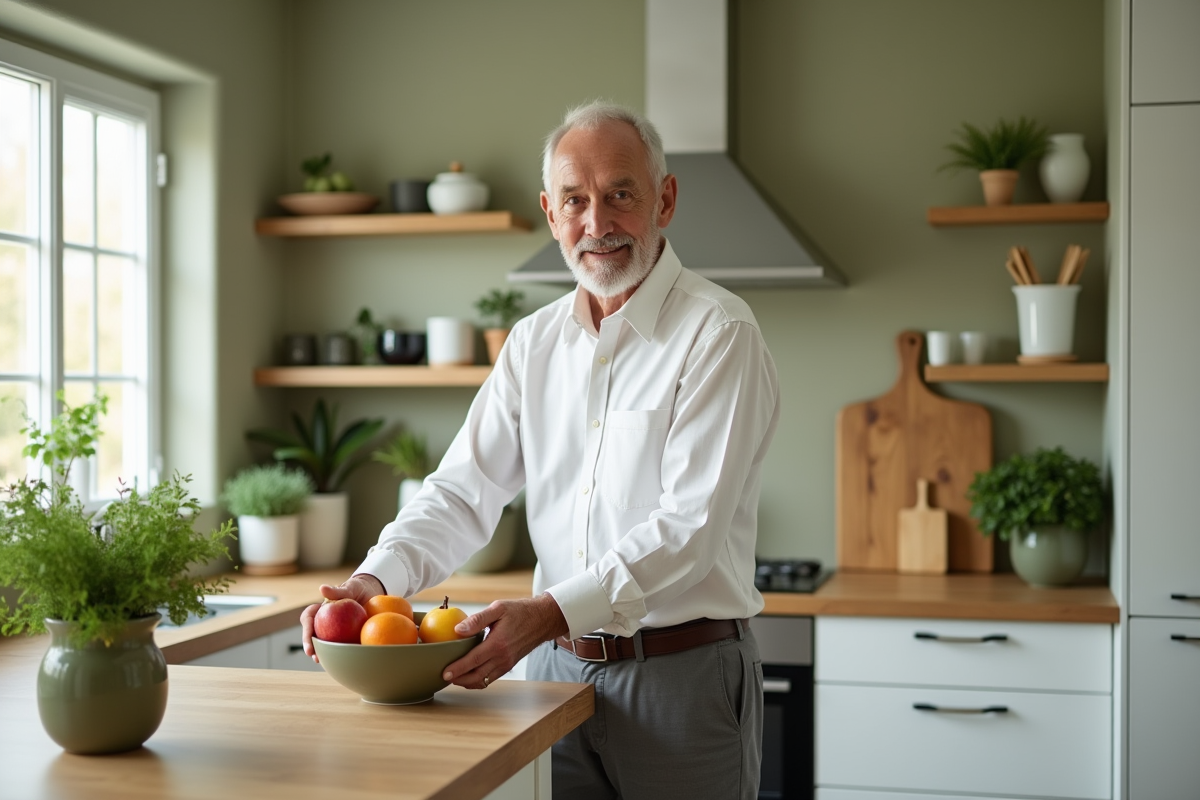 Homme arrangeant un bol de fruits dans la cuisine moderne