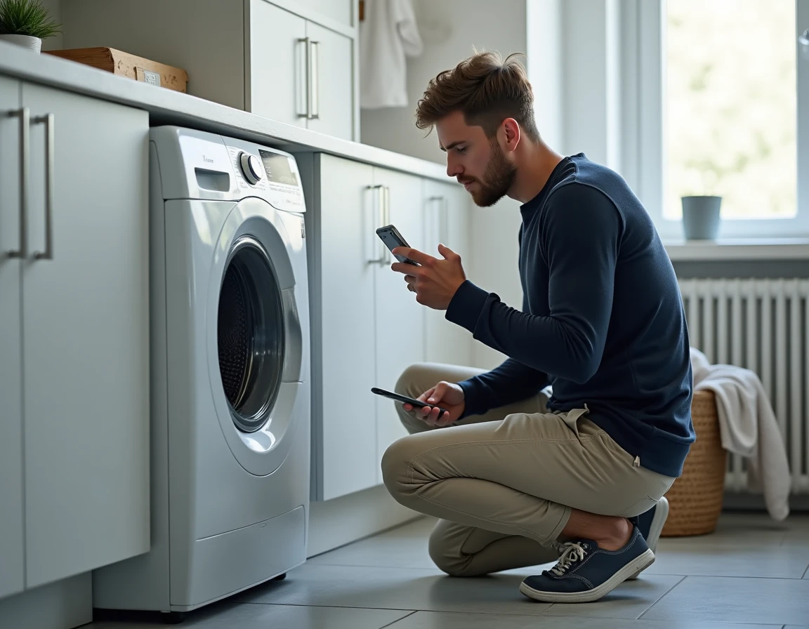 Homme consultant son smartphone pour résoudre un code erreur sur son lave-linge Whirlpool 9kg