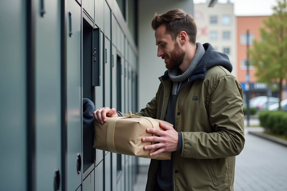 Homme déposant un vêtement dans un casier urbain écologique