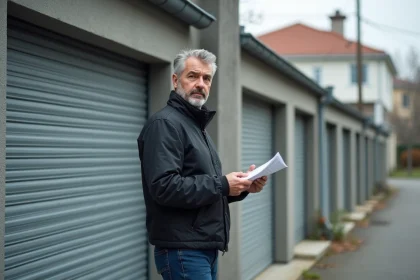 Homme examinant un document devant un box garage indépendant en béton dans une résidence urbaine