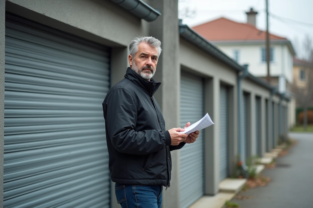Homme examinant un document devant un box garage indépendant en béton dans une résidence urbaine