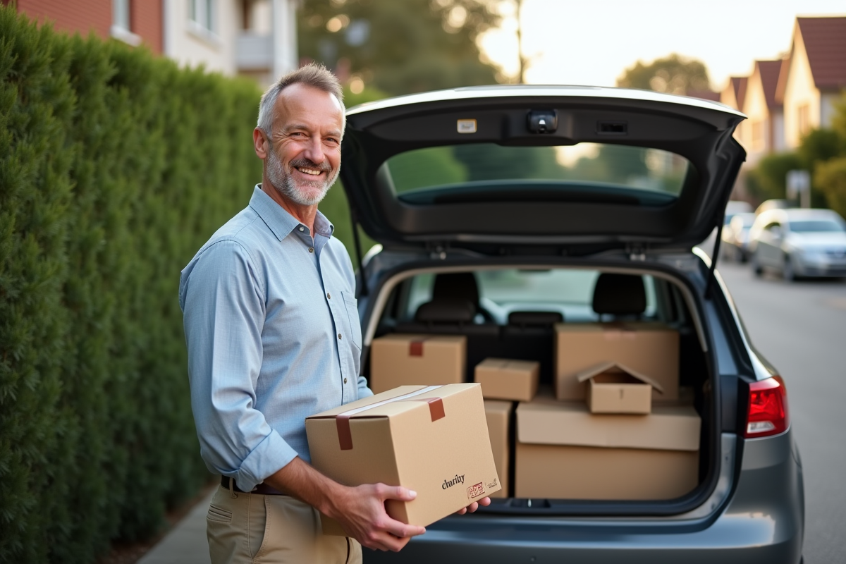 Homme souriant préparant des cartons de dons dans la rue