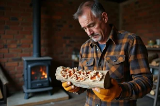 Homme vérifiant un bois avec moisissure orange et blanche