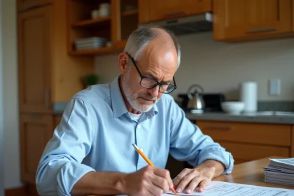Homme examinant attentivement un devis de rénovation imprimé à la table de sa cuisine en Belgique