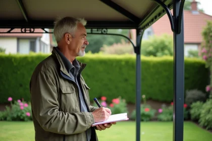Homme d'âge moyen inspectant un gazebo dans un jardin