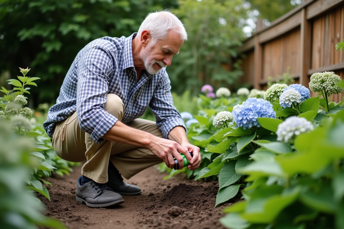 Homme âgé ajoutant du vinaigre à ses plantes dans le jardin