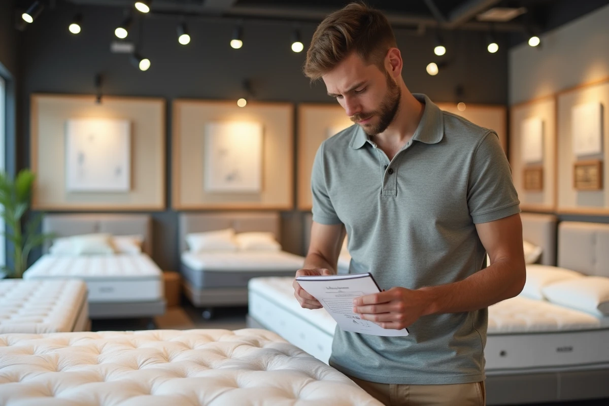 Jeune homme regarde une étiquette sur un matelas